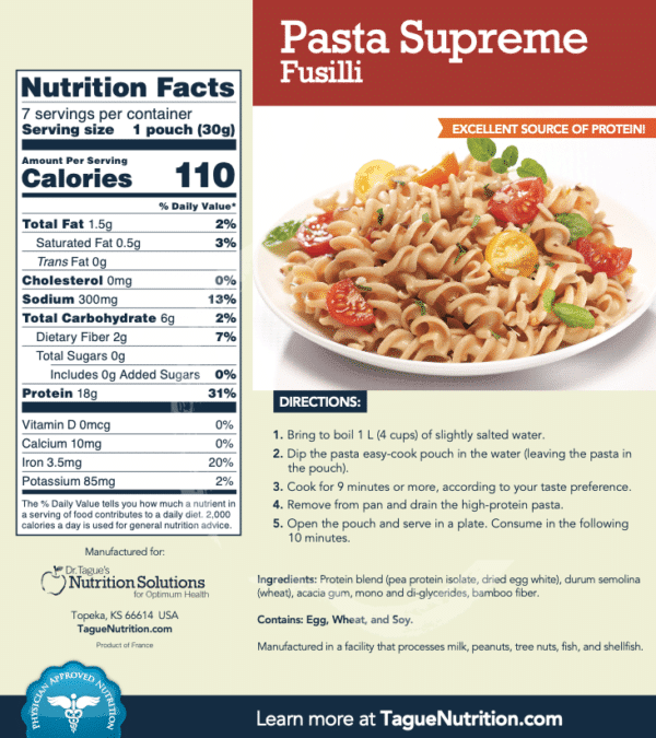 Pasta Supreme Fusilli - Nutrition Facts / Instructions